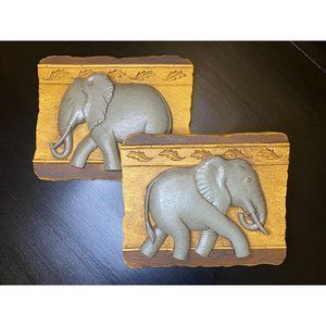 HOME INTERIORS ELEPHANT Plaques Wall Hangings Set of 2 - 1991 - 9 1/2" x 7 3/4"